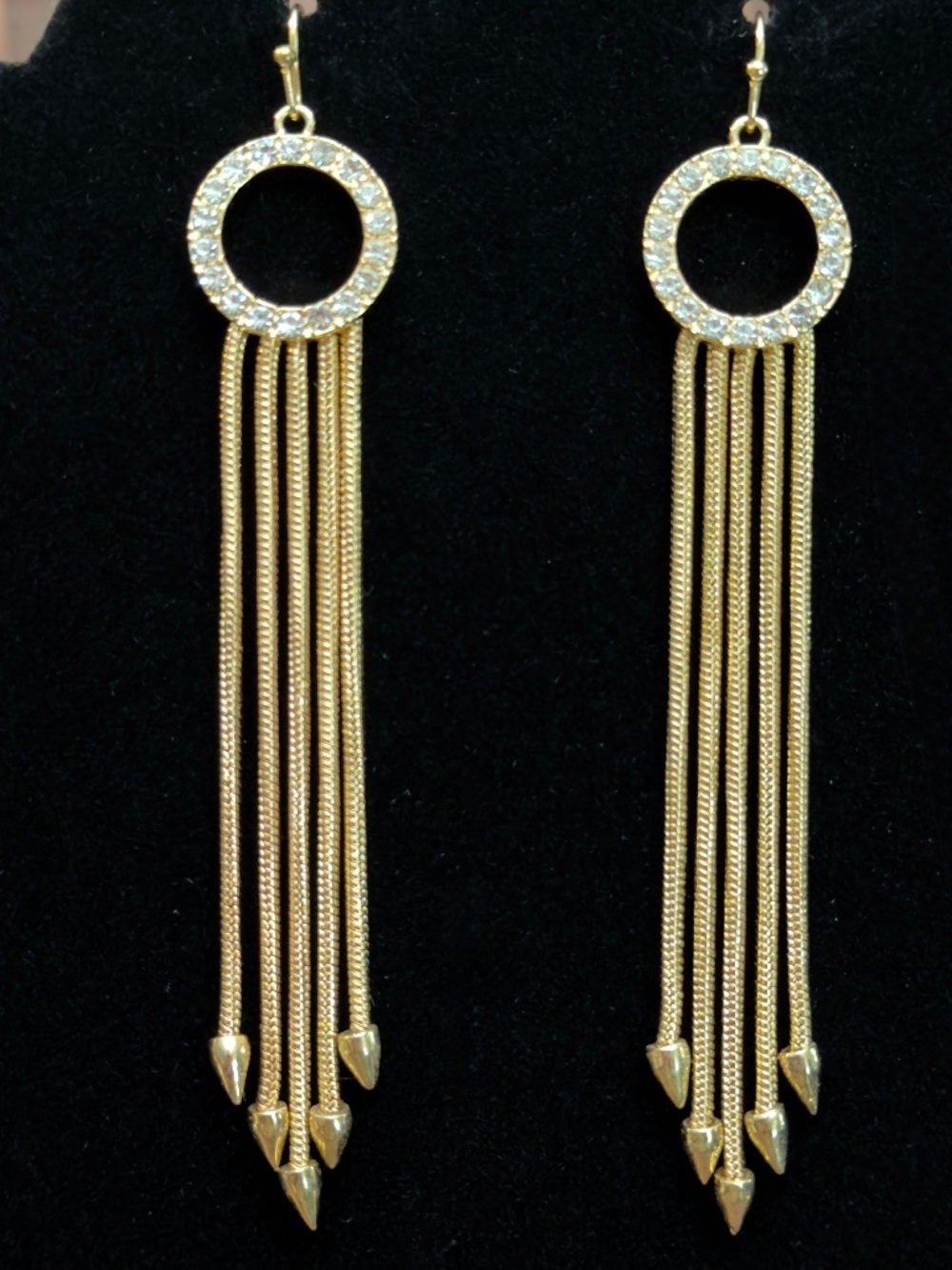 Gold Tone Rhinestone Chain Fringe Earrings Long Tassel Statement Dangle